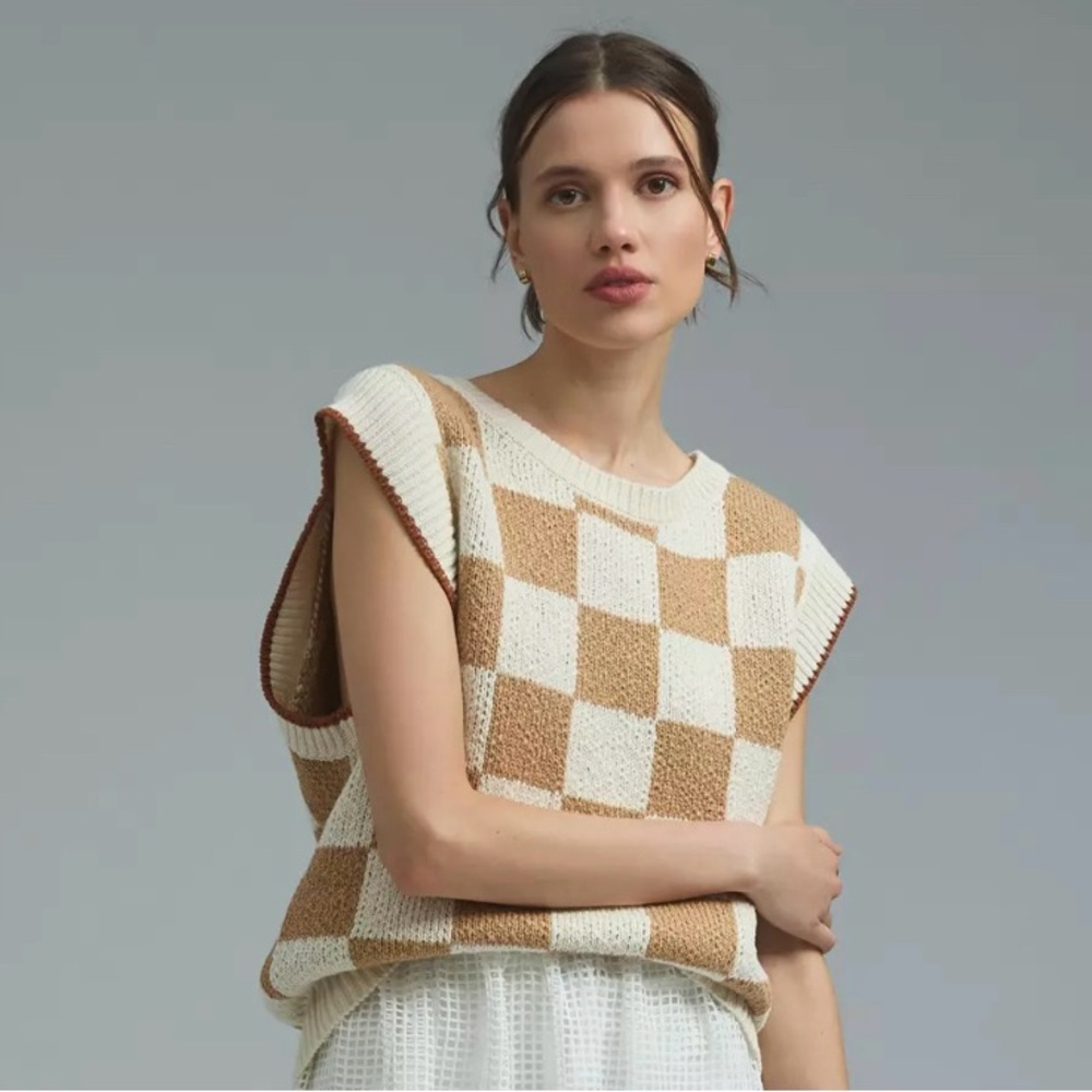 Checkered Tan and Cream Sweater Vest